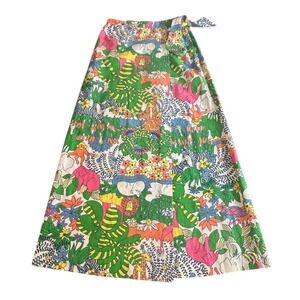 Vintage Gordon Maxi Wrap Skirt 70s Animal Print Floral Boho Retro Whimsical Chic